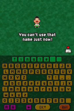L'écran de saisie de nom dans Freshly-Picked Tingle’s Rosy Rupeeland