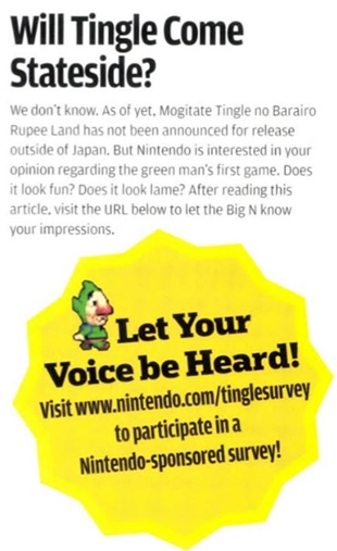 Encart du Nintendo Power redirigeant vers un sondage dédié à Freshly-Picked Tingle’s Rosy Rupeeland
