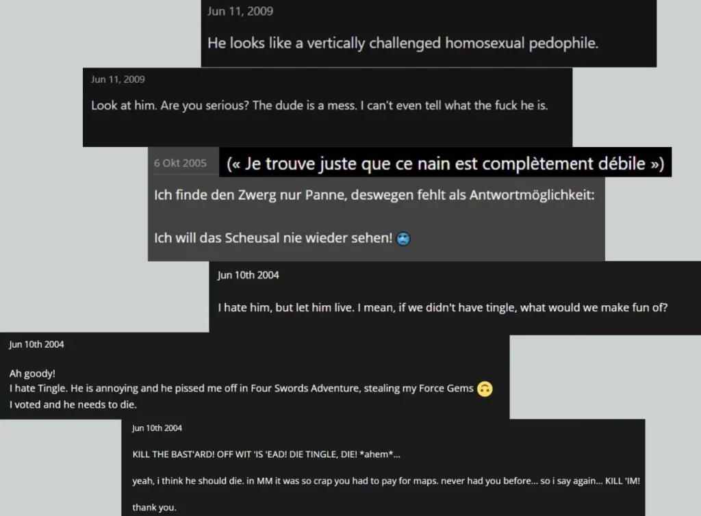 Différents commentaires datant de l'époque où Tingle était au sommet de son impopularité